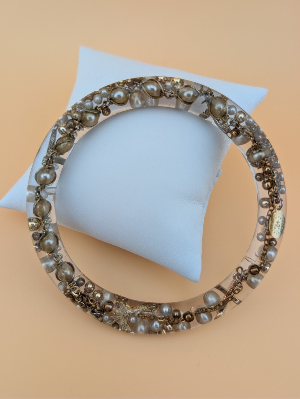 Vintage Rosary Bangle Bracelet - Pearl & Gold - Upcycled Jewelry